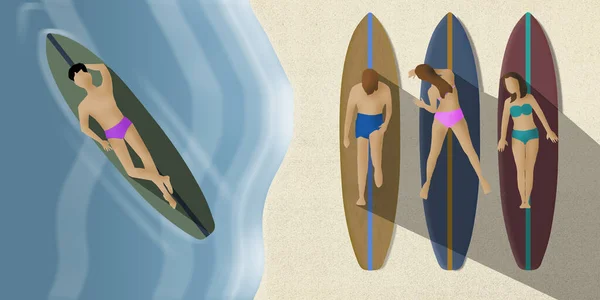 Sunbathers lie on their surfboards on sand in this 3-d illustration.