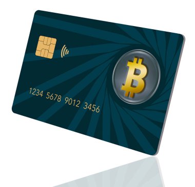 Şifreleme ile ilgili bu 3 boyutlu resimde kredi ve banka kartları üzerinden bir bitcoin kredi kartı görüntülenir.