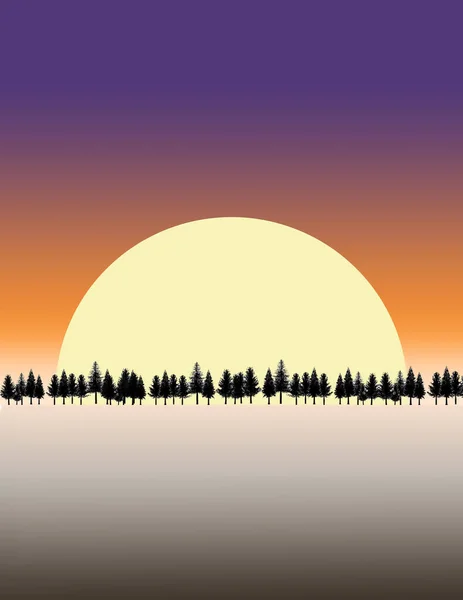 Huge Sun Seen Sunset Line Pine Trees Illustration — Stock Photo, Image