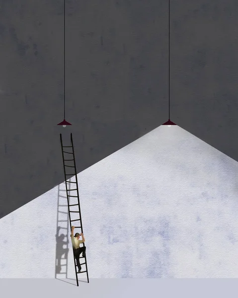 Een Man Beklimt Een Ladder Een Verbrande Gloeilamp Vervangen Deze — Stockfoto