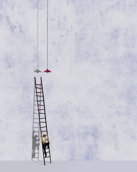 A man climbs a ladder to change a burned out light bulb in this 3-d illustration about household tasks that seen demanding.