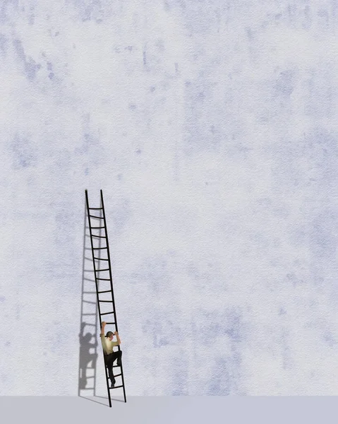 Een Man Beklimt Een Ladder Die Leunt Tegen Een Hoge — Stockfoto