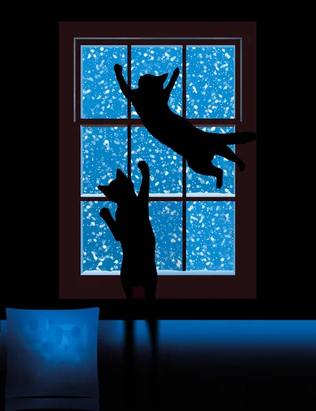 Katten Proberen Sneeuwvlokken Buitenkant Van Het Raamglas Slaan Deze Illustratie — Stockfoto
