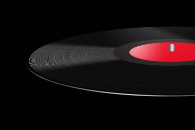 Bu üç boyutlu resimde siyah bir vinil 33 1 / 3 rpm albüm ve kırmızı etiket yer almaktadır..