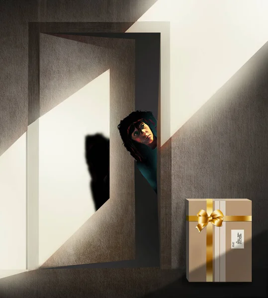 Woman Looks See Who Left Unexpected Gift Box Her Door — Stockfoto