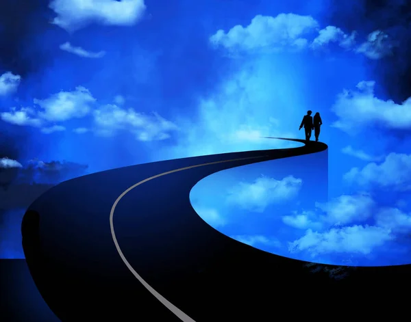 Man Woman Walk Road Goes Clouds Leading Sky Heaven Illustratiion — Stockfoto