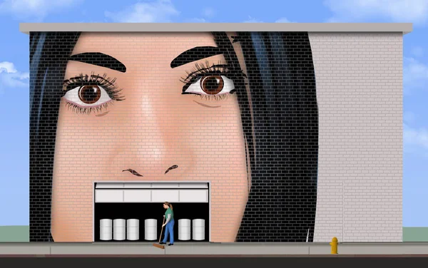 Mural Female Face Painted Building Has Garage Door Her Mouth — 스톡 사진