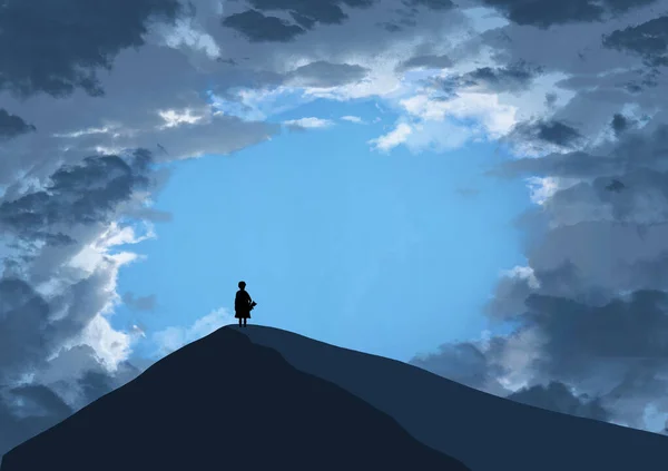 一个小女孩和她的泰迪熊独自站在多云的天空下的一座小山上 在这个3天的图画中 这个小山变得蔚蓝了 — 图库照片