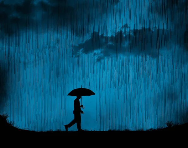 Man Walks His Umbrella Rainstorm Night Illustration — Stock Photo, Image