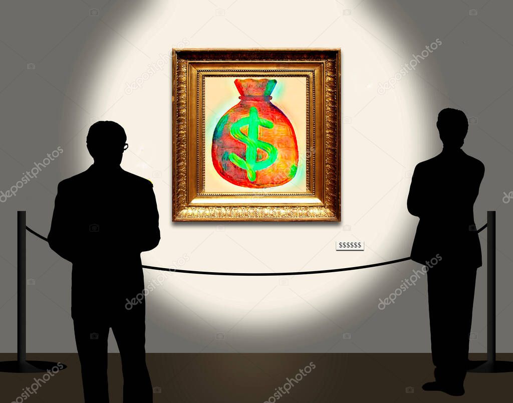 An art installation includes a painting of a bag of money hanging on the wall of a gallery. This 3-D illustration is about the beauty of money.