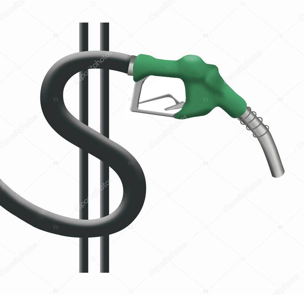 A nozzle on a gasoline pump is on a hose shaped like a dollar sign in this 3-d illustration about gasoline prices.