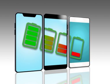 Batarya durum simgeleri bu 3 boyutlu resimde beyaz arkaplanda izole edilmiş üç cep telefonunun ekranlarında görülür.