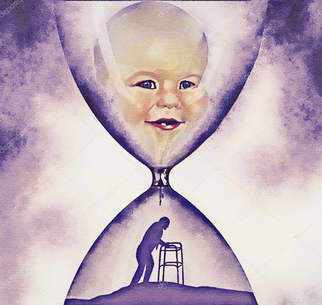 A baby face is in the top of an hourglass and below is an old man he becomes over time in this  illustration about aging.