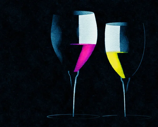 在这张3 D的图片中 黑色背景上有两杯红酒 一杯红葡萄酒 一杯白葡萄酒 — 图库照片