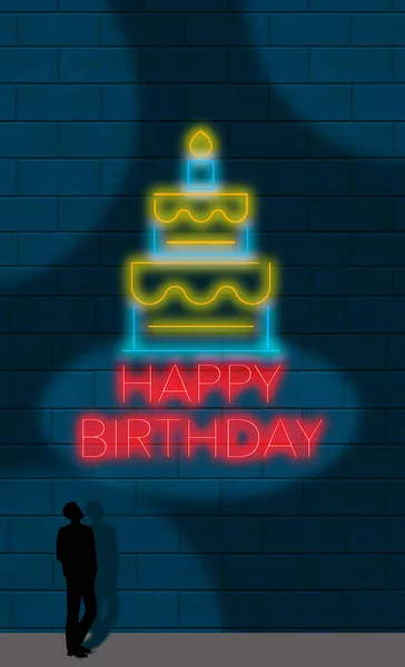 Silhouetted Man Looks Silhouetted Happy Birthday Neon Sign Brick Wall — Stock Photo, Image