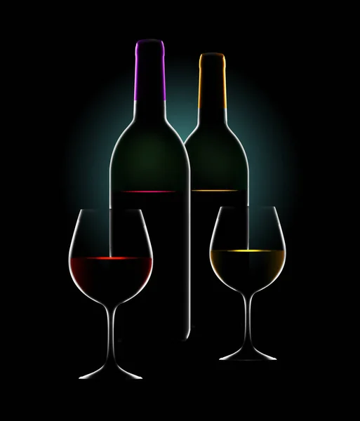 Bottles Wine Wine Glasses Seen Dramatic Rim Light Colored Highlights — Stock Photo, Image