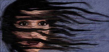 Koyu renk saçlı güzel bir kız, güçlü bir sonbahar rüzgârında üç boyutlu bir suluboya resimde görülüyor..