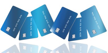 Bankacılık, finans ve iş dünyasıyla ilgili bu 3 boyutlu resimde genel, sahte kredi kartları veya banka kartları görülüyor