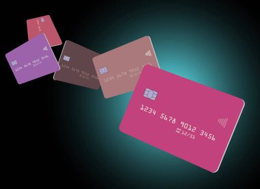 Bankacılık, finans ve iş dünyasıyla ilgili bu 3 boyutlu resimde genel taklit kredi kartları veya banka kartları görülüyor.