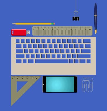 3 boyutlu bir resimde çeşitli ofis malzemeleri ve ekipmanları görülüyor.