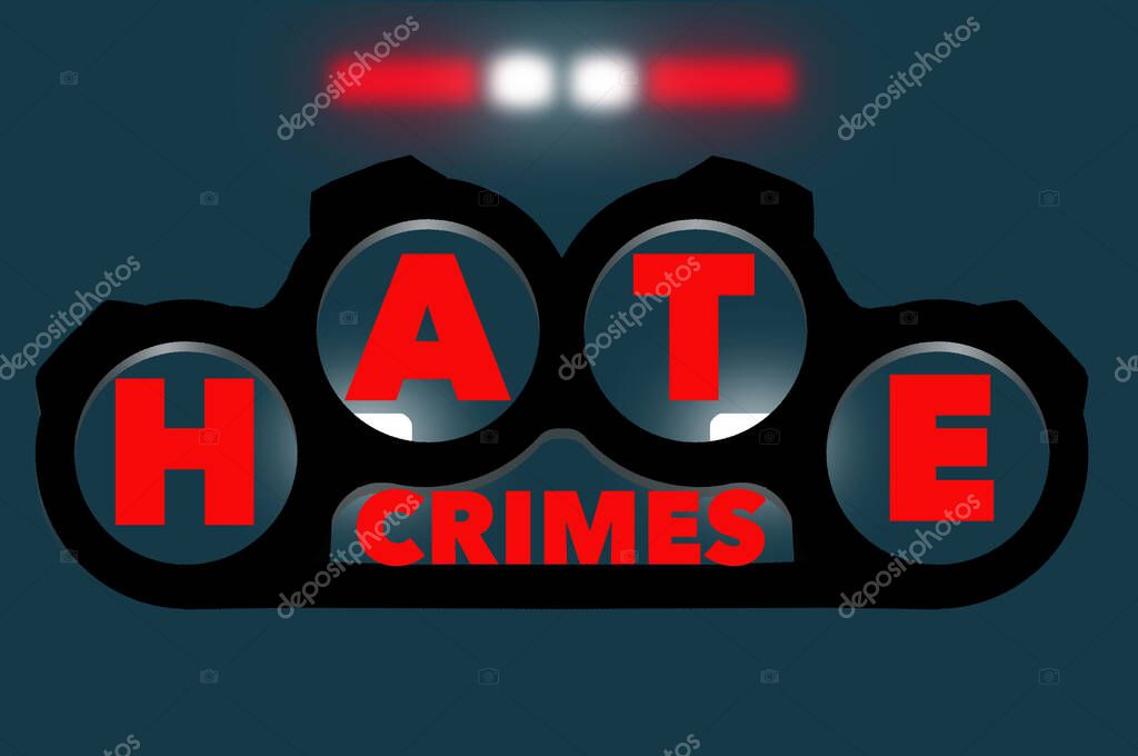 The words hate crimes in a logo or headline  are seen with brass knuckles fighting gear and a police car in the background in a 3-d illustration.