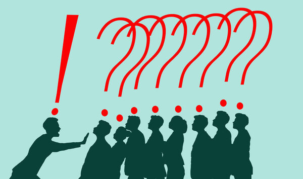 A new boss in the office has an agressive style that is confusing and annoying for his employees as seen in an illustration.