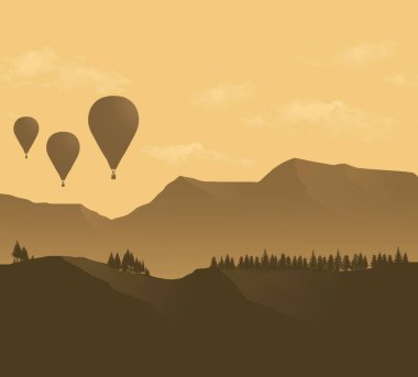 Üç sıcak hava balonu üç boyutlu bir resimde dağların ve ağaçların üzerinden uçarken görülüyor..