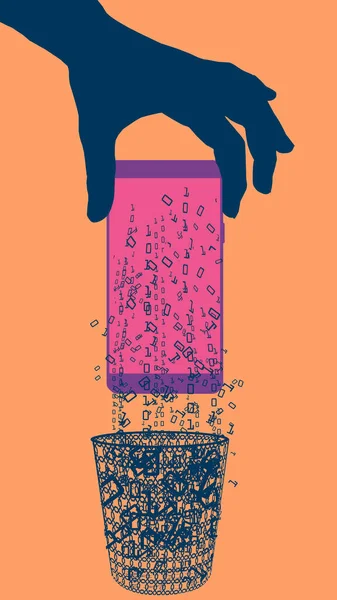 Veriler bir telefondan çöp kutusuna düşer ve cihazlardan güvenli bir şekilde veri silme ile ilgili bir resimde.