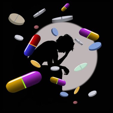 Sayısız reçeteli ilaç içeren tıbbi bir sorunla uğraşan bir kadının kafası avucunun içinde. Bu 3 boyutlu bir çizim..