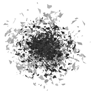 Beyaz Arkaplanda Patlayan Gri Parçalar Bulutu. Keskin Parçacıklar Rastgele Havada Uçar.