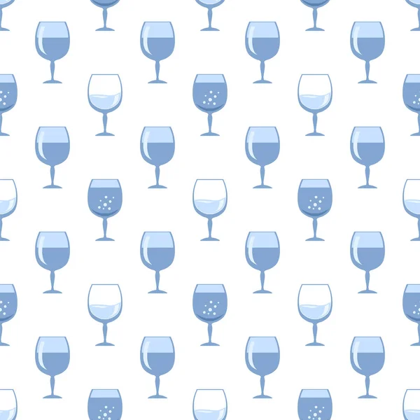 ワインの青ガラスシームレスパターン。ワイングラスのシンボル。ガラス製品のコンセプト。リキュールカップ。ガラスのシルエット。ドリンクアイコン — ストックベクタ
