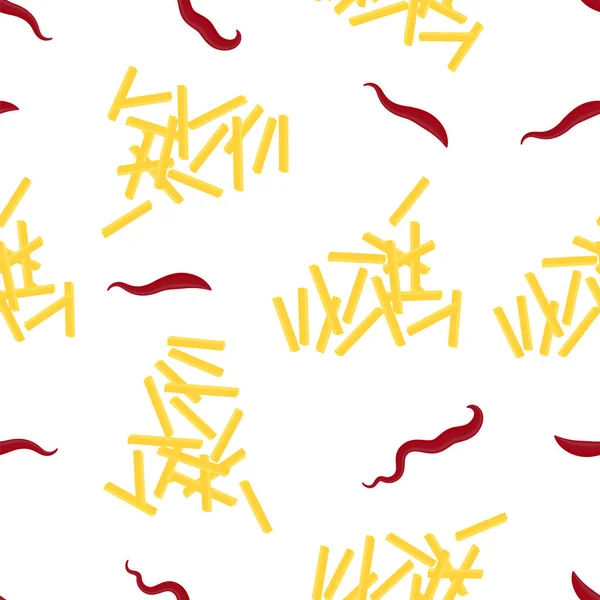 Gul pommes frites och ketchup-konsistens. Fry Potato Chips Sömlösa mönster. Snabbmat snacks. Ekologiska livsmedel. — Stock vektor