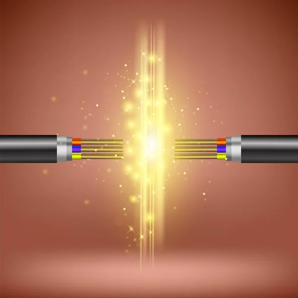 Wire is Burning. Electric Glowing Lightning. Flash Power Cable. Electrical Discharge Passing Throught Air. — Stock Vector