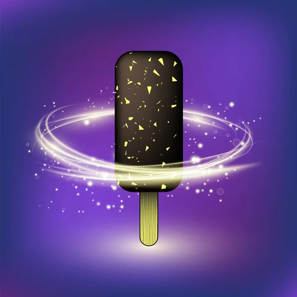 Cartoon Ice Cream Pictogram en houten stok op blauwe wazig achtergrond — Stockvector