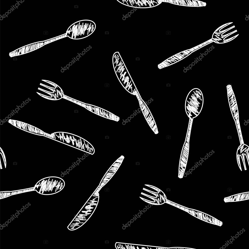 Food Seamless Pattern for Cafe. Fork Spoon Knife Logo Design Isolated on Black Background.