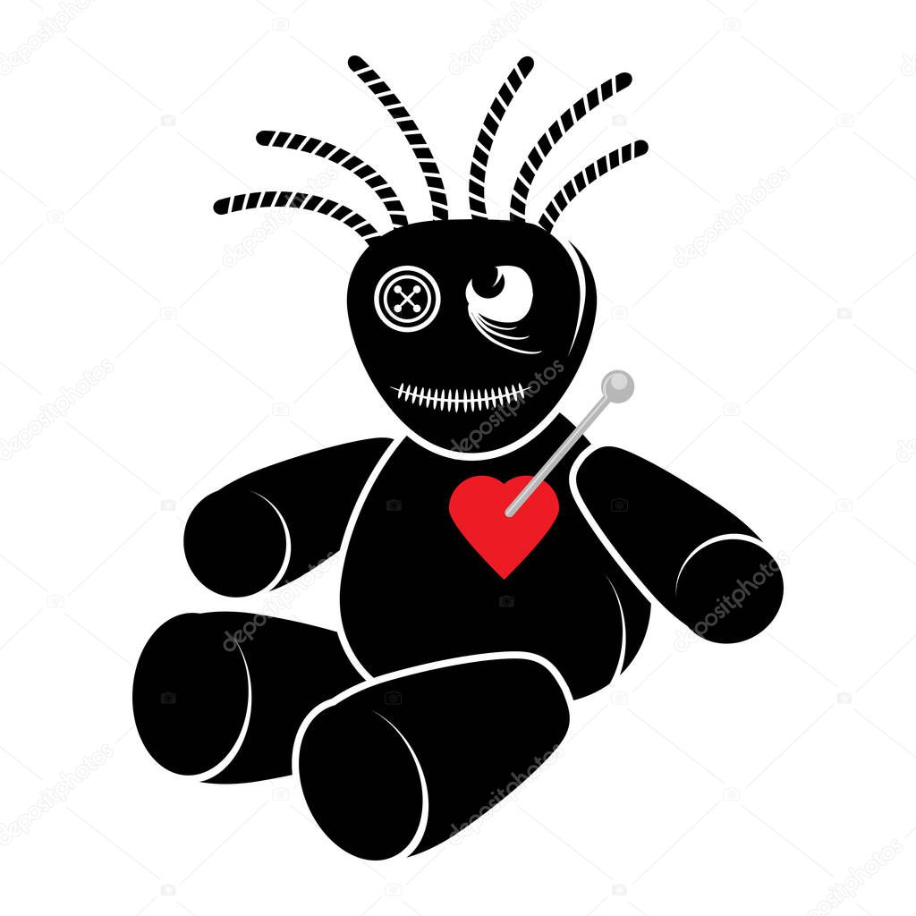 Voodoo Doll with Red Heart Isolated on White Background.