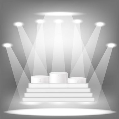Beyaz Silindir Platformları ve Işıklar. Pidium Kazananlar Seviyesi. Aydınlatılmış Spor Yayası