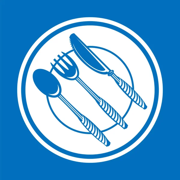 Icono de la comida para Café. Cuchara de tenedor diseño del logotipo del cuchillo aislado sobre fondo azul — Vector de stock