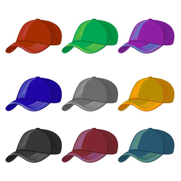 Set of Colored Baseball Caps Isolated on White Background — Stock Vector