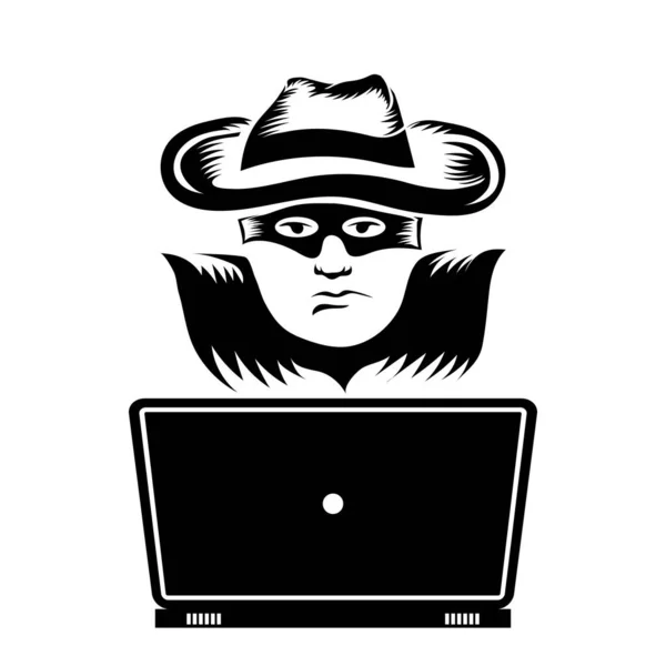 Hacker con el icono del ordenador portátil aislado sobre fondo blanco — Vector de stock