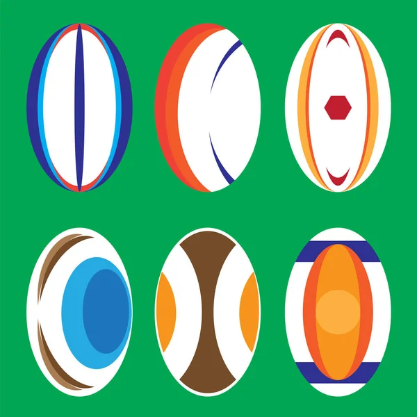Set med olika färgade rugbybollar isolerade på grön bakgrund — Stockfoto