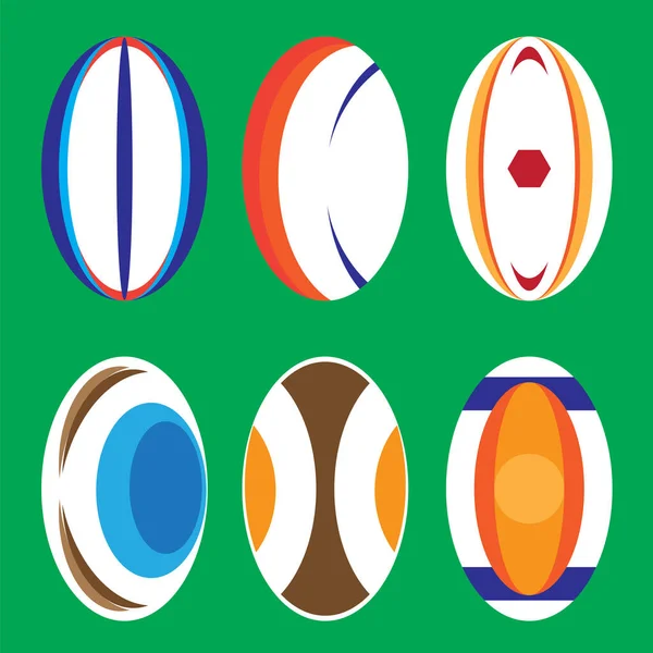 Conjunto de diferentes bolas de rugby de colores aislados sobre fondo verde — Archivo Imágenes Vectoriales