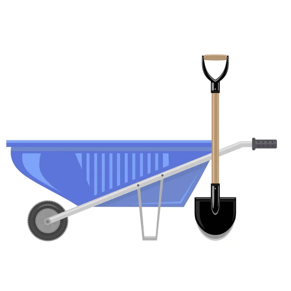 Blue Wheelbarrow and Garden Shovel Isolated on White Background — Stock Vector