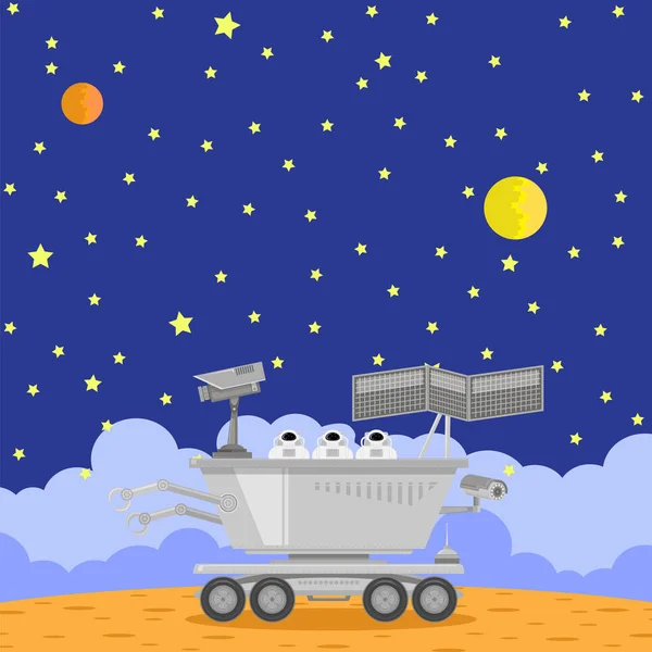 Raster Lunar Rover Icon Isolated on Cosmic Background. Robotic Space Vehicle for Investigation,Study, Research, Survey