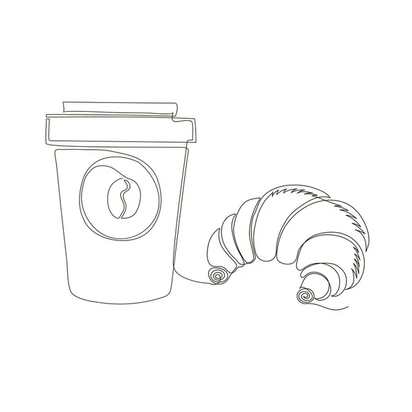 One Continuous Line Drawing. Fast Food Doodle. Modern Minimalistic Style. Sweet Croissant Icon and Cup of Coffee. — Stock Vector