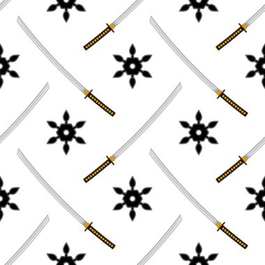 Ninja Yıldızı seti. Asya Geleneksel Katana Silahı. Shuriken Logosu. Japon Antik Kılıcı.