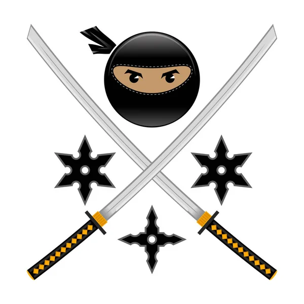 Cartoon Ninja Tvář Ikona Katana Metal Stars Izolované Bílém Pozadí — Stock fotografie