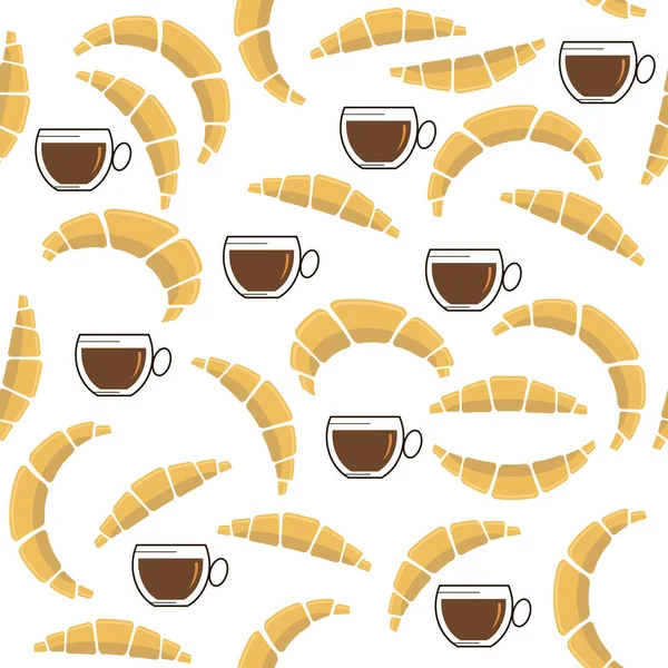 Set Croissant Cup Coffee Icon Isolated White Background Seamless Pattern — Stock Vector