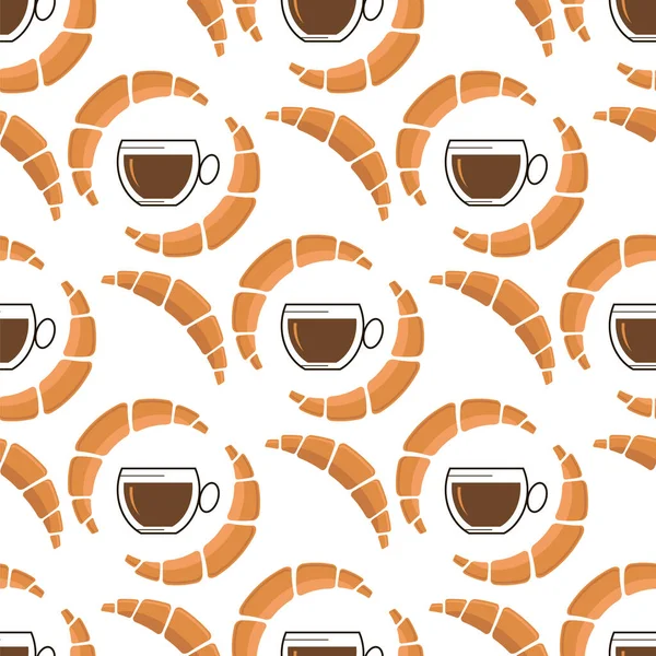 The Set of Croissant with Cup of Coffee Icon Isolated on White Background (англійською). Безшовний зразок — стоковий вектор