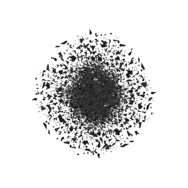 Explosiewolk van zwarte stukken op grijze achtergrond. Scherpe deeltjes vliegen willekeurig in de lucht. Grote explosie — Stockvector